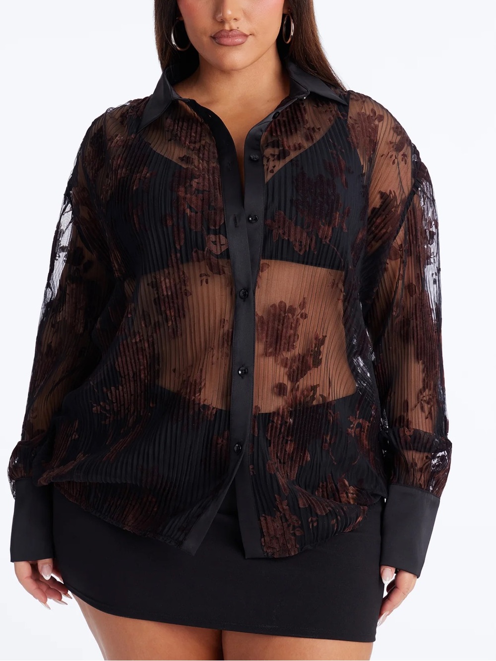 NWT Fashion Nova Black Brown Sheer Burnout Floral Button-Up Top 2X